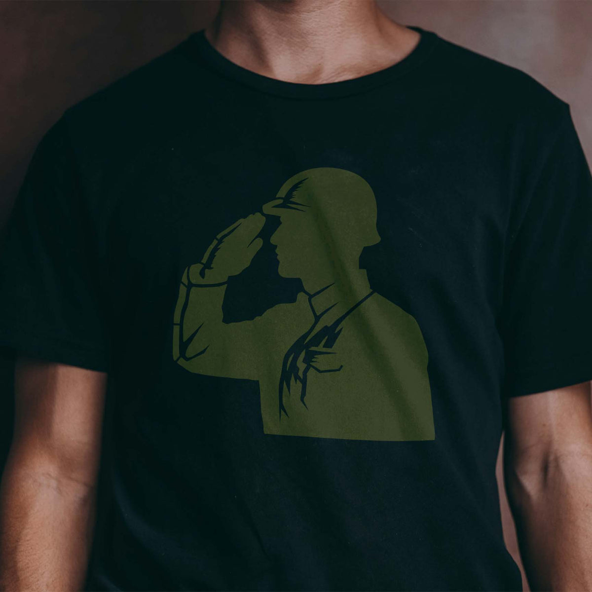 Honor Guard Salute Stencil displays a saluting soldier silhouette across a dark T-shirt
