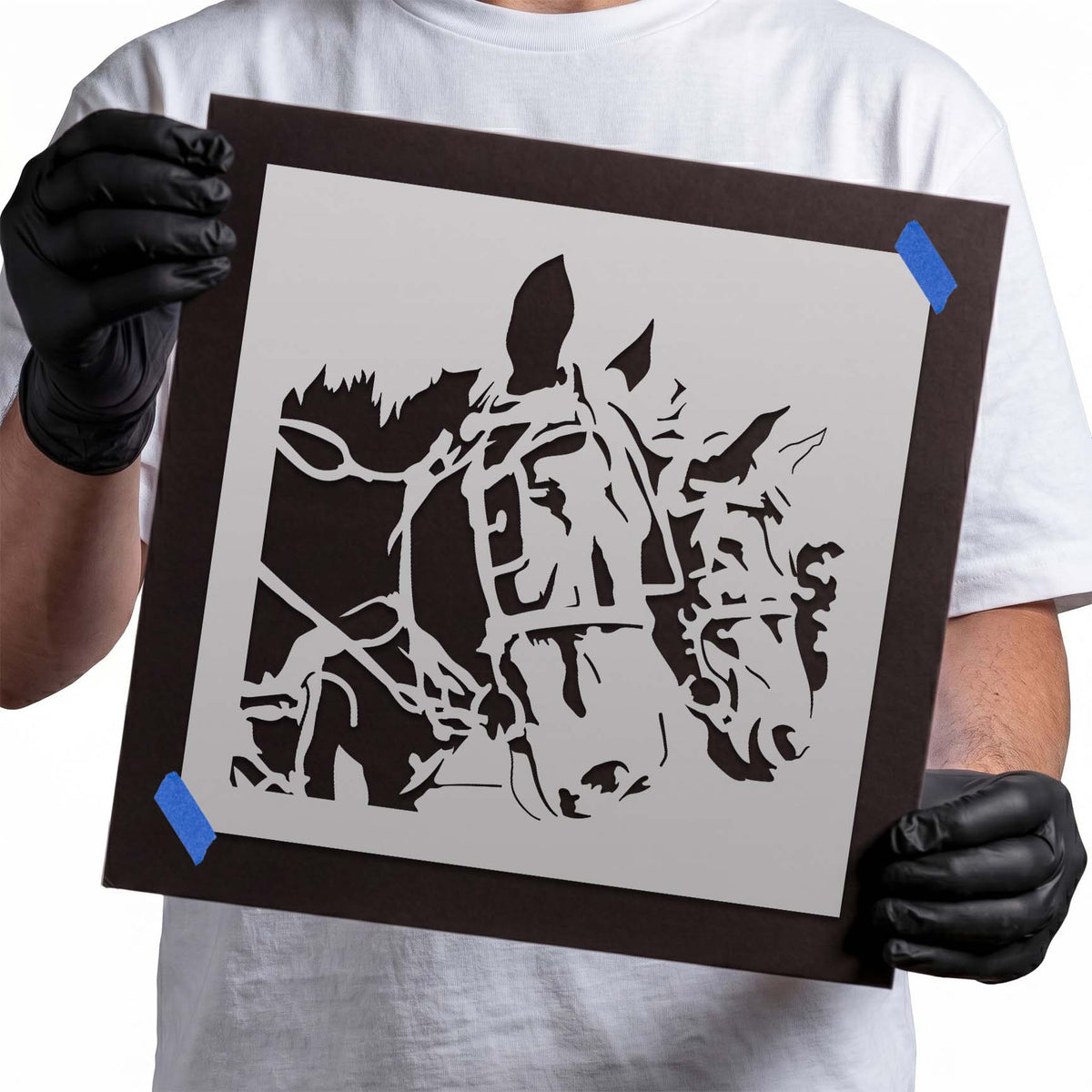 Horses Stencil featuring two expressive horse portraits with flowing manes and detailed facial features