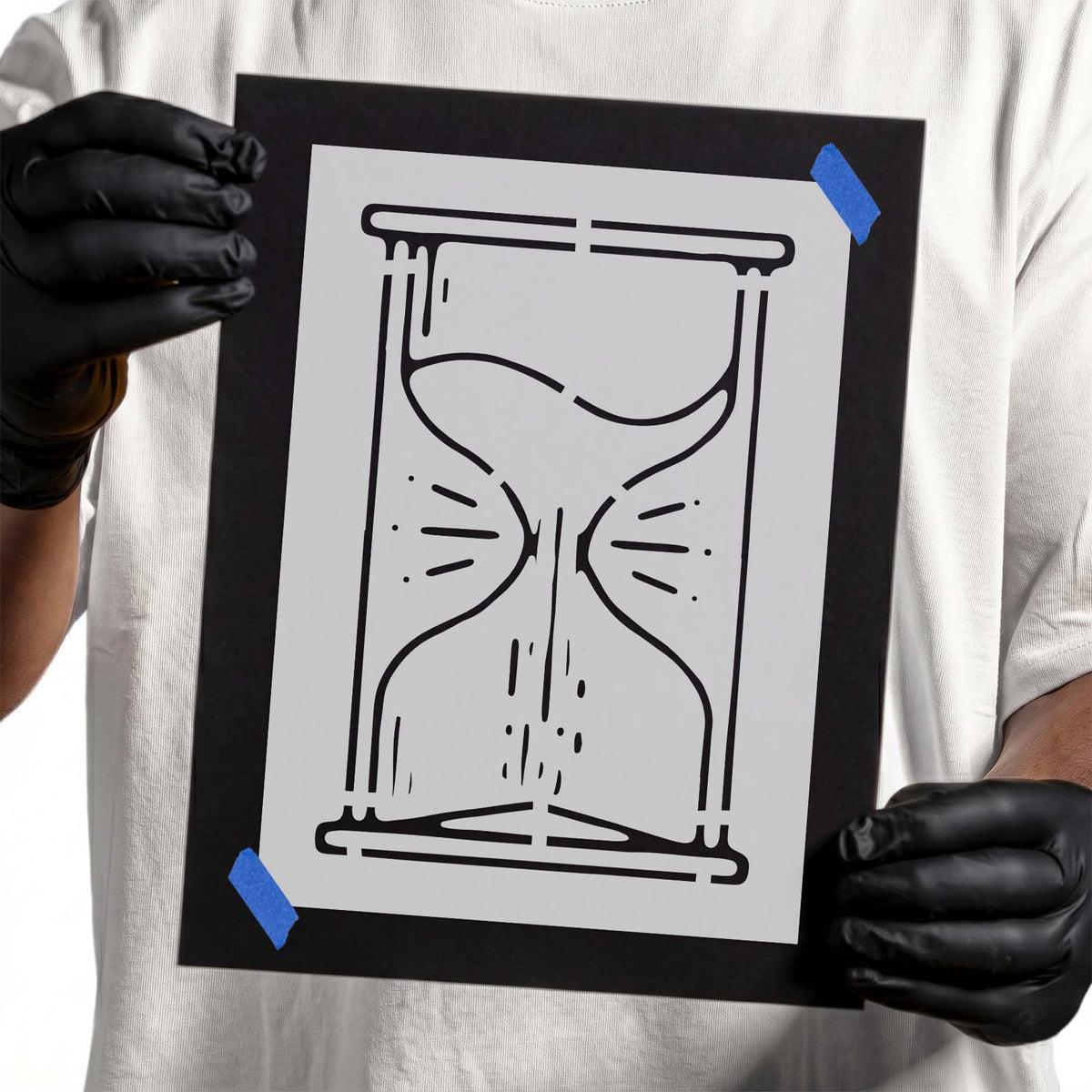 Hourglass stencil with curved chambers, falling sand, and outlined frame