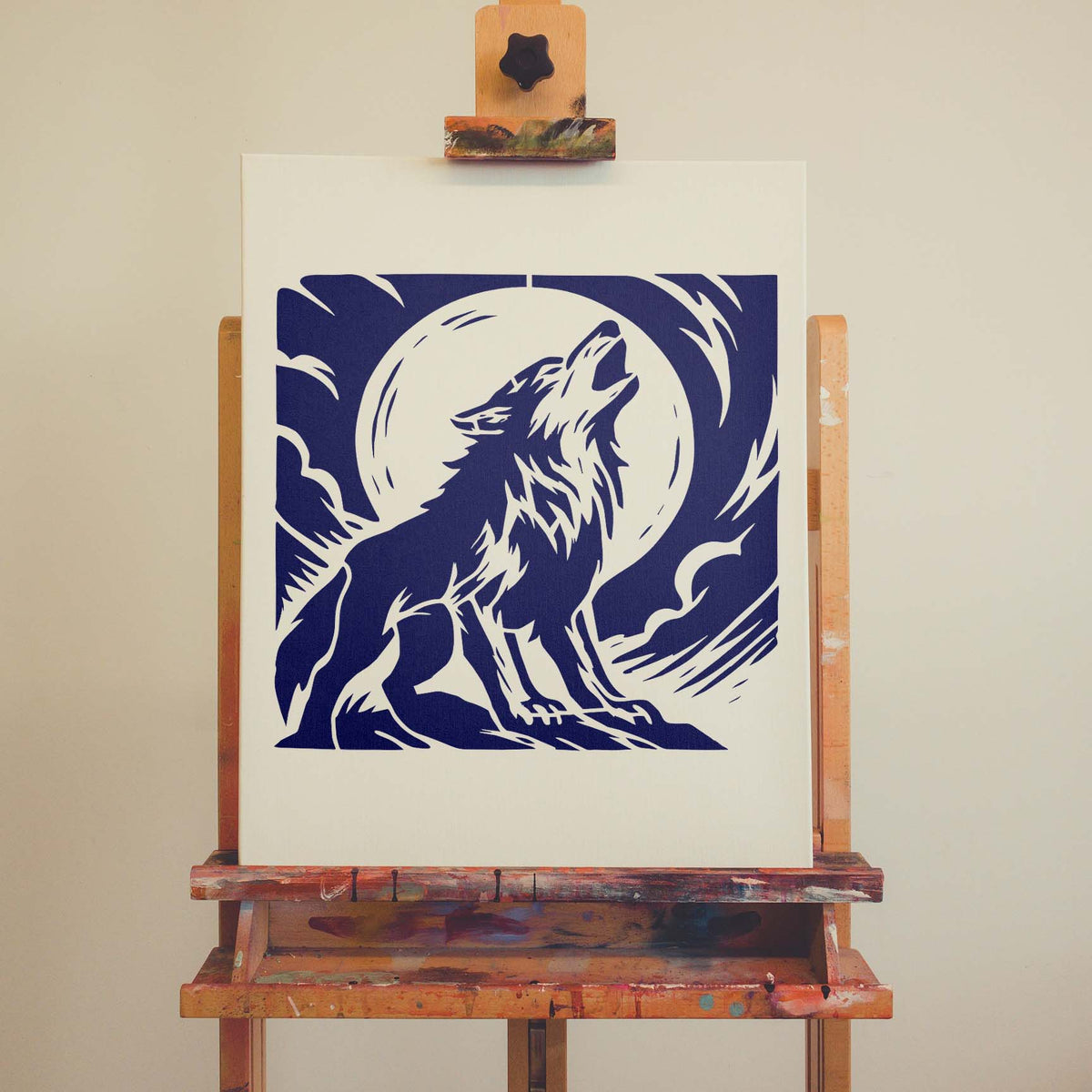 Howling Wolf Moon Scene Stencil forms a bold blue wolf and full moon artwork on canvas.