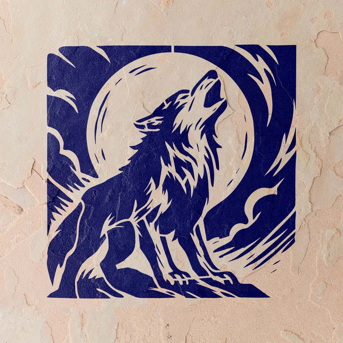 Deep blue Howling Wolf Moon Scene Stencil decorates a textured wall with wolf and moon imagery.