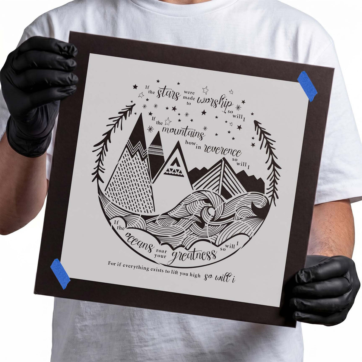 Worship stencil with mountains, ocean waves, stars, and inspirational lettering