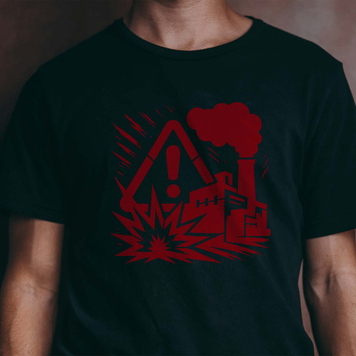 Industrial Hazard Factory Warning Stencil adds a red factory, explosion, and caution sign to a black shirt.