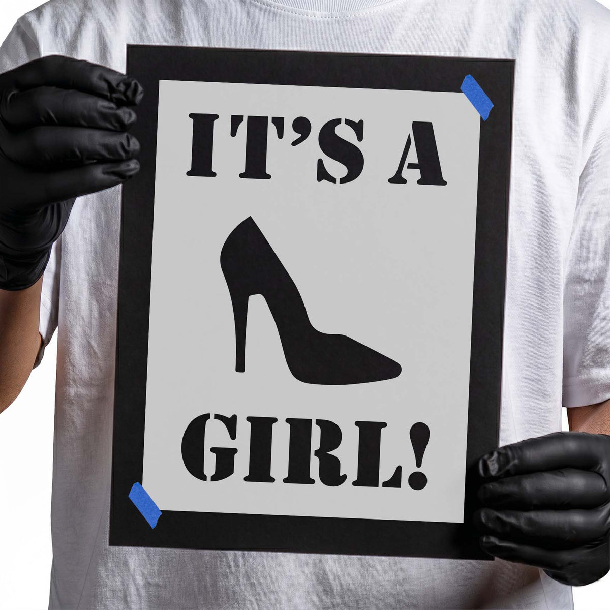 It's a Girl stencil with bold text and high heel silhouette