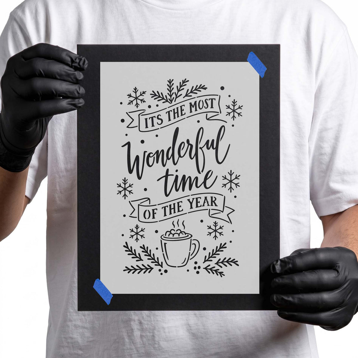 Festive Christmas stencil with Wonderful Time lettering, snowflakes, greenery, and a warm mug
