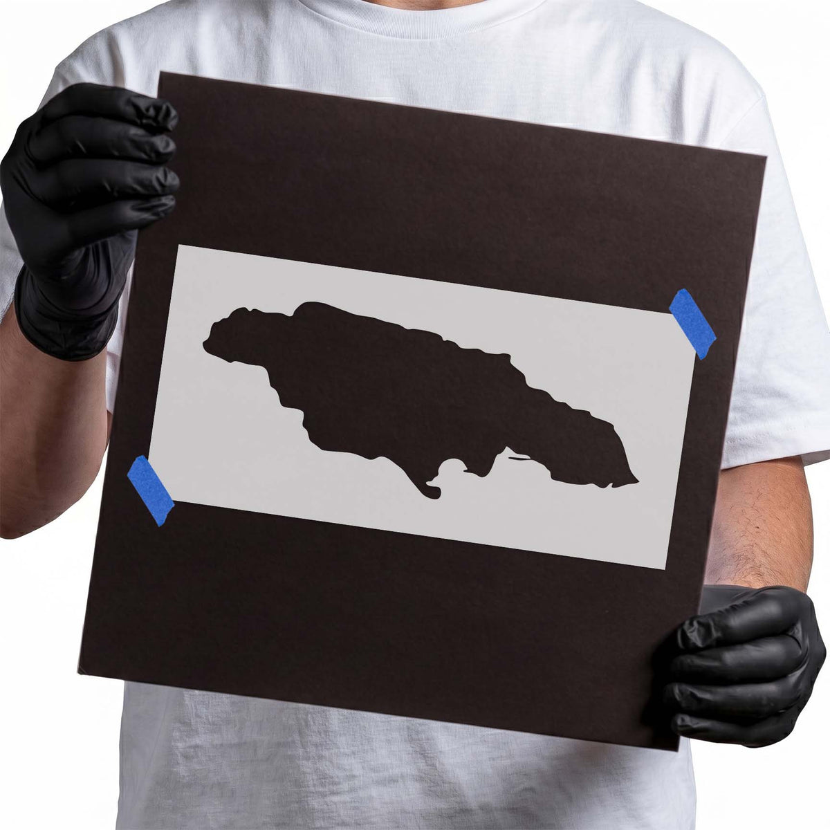 Jamaica stencil with elongated island silhouette and coastal outline