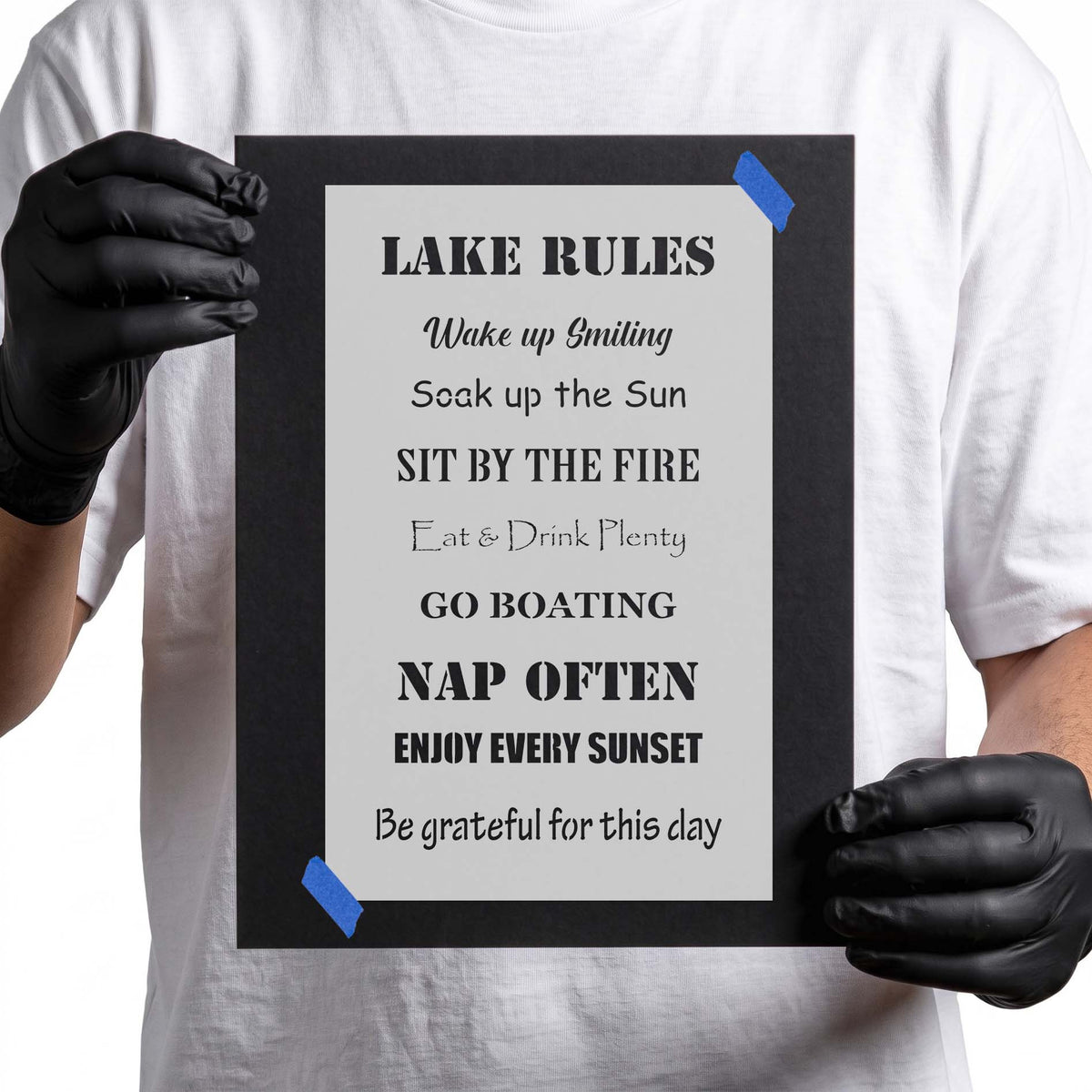 Lake rules stencil with boating, sunshine, fireside, sunset, and gratitude sayings