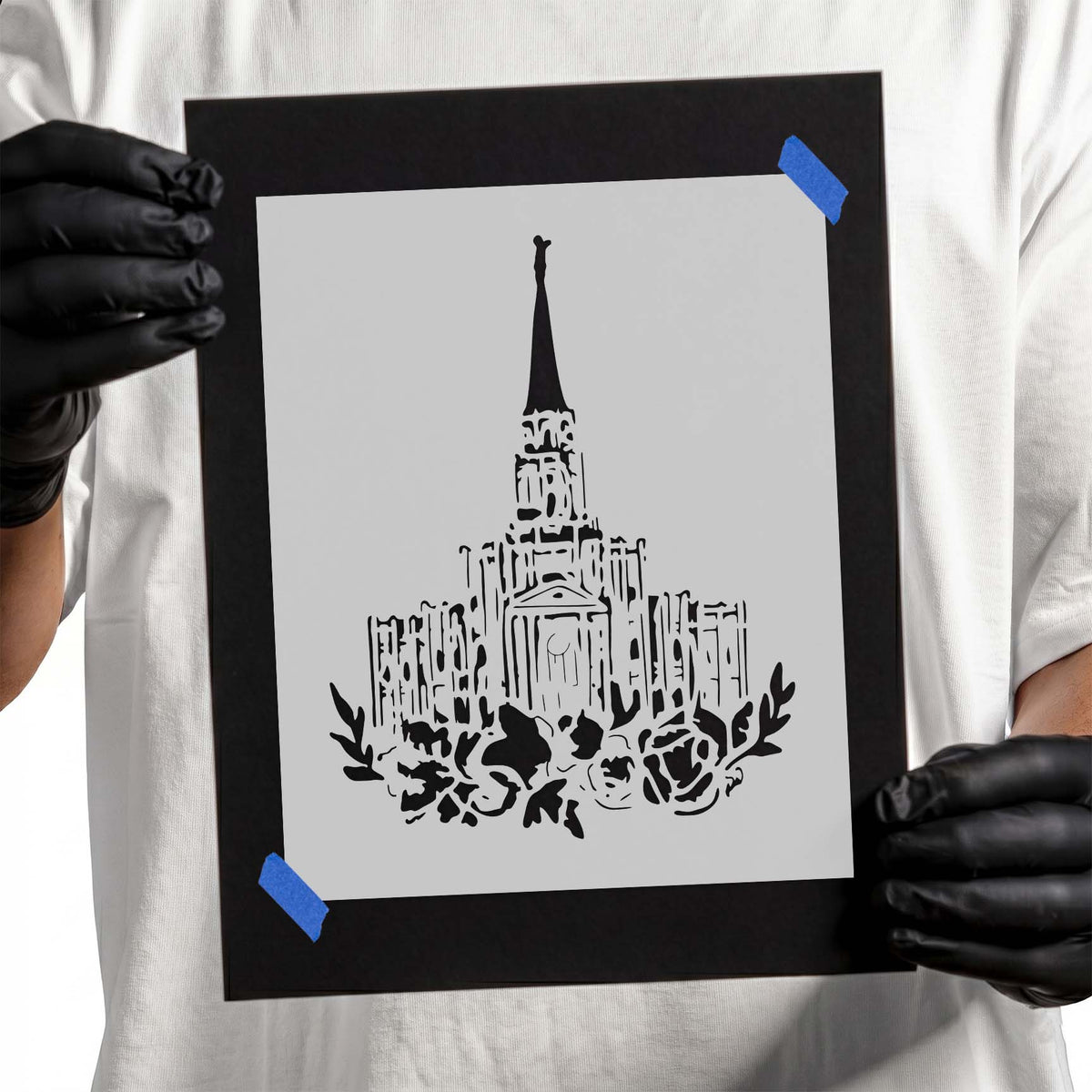 Latter Day Saints Temple Flowers Stencil with a tall temple spire, blooming roses, and leafy branches