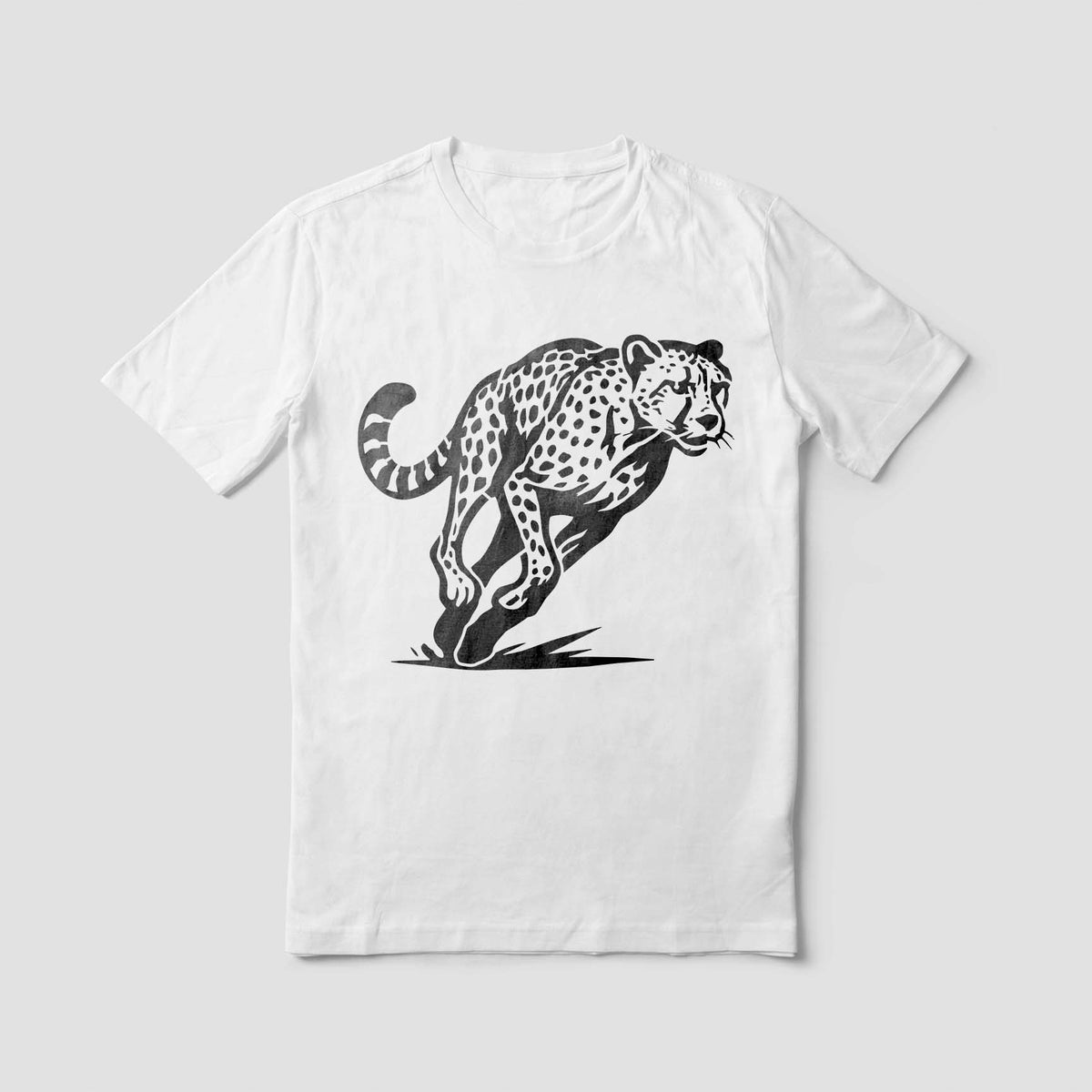 Leaping Cheetah Stencil featuring a running spotted cheetah on white shirt