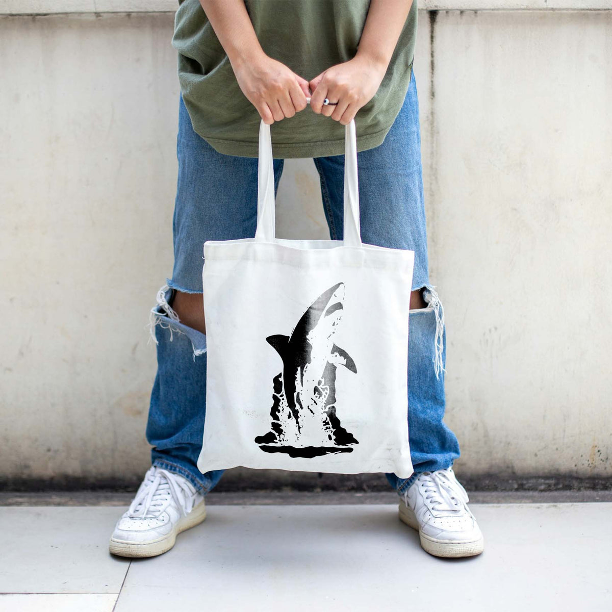 Leaping Great White Shark Stencil makes a striking splash graphic on a white tote bag