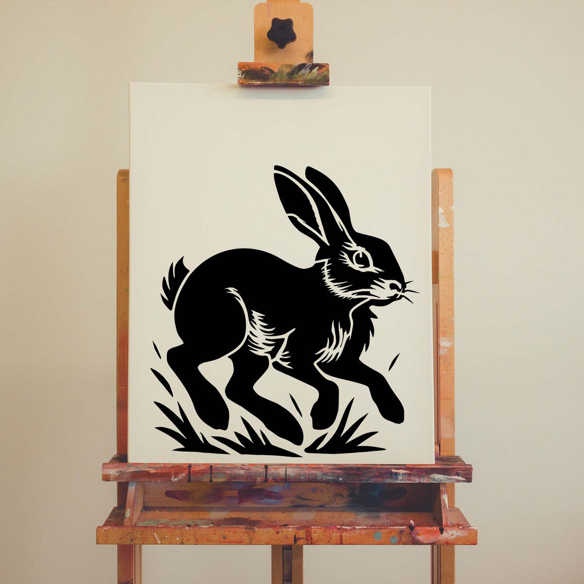 Leaping Rabbit Stencil captures a detailed running hare design displayed on canvas