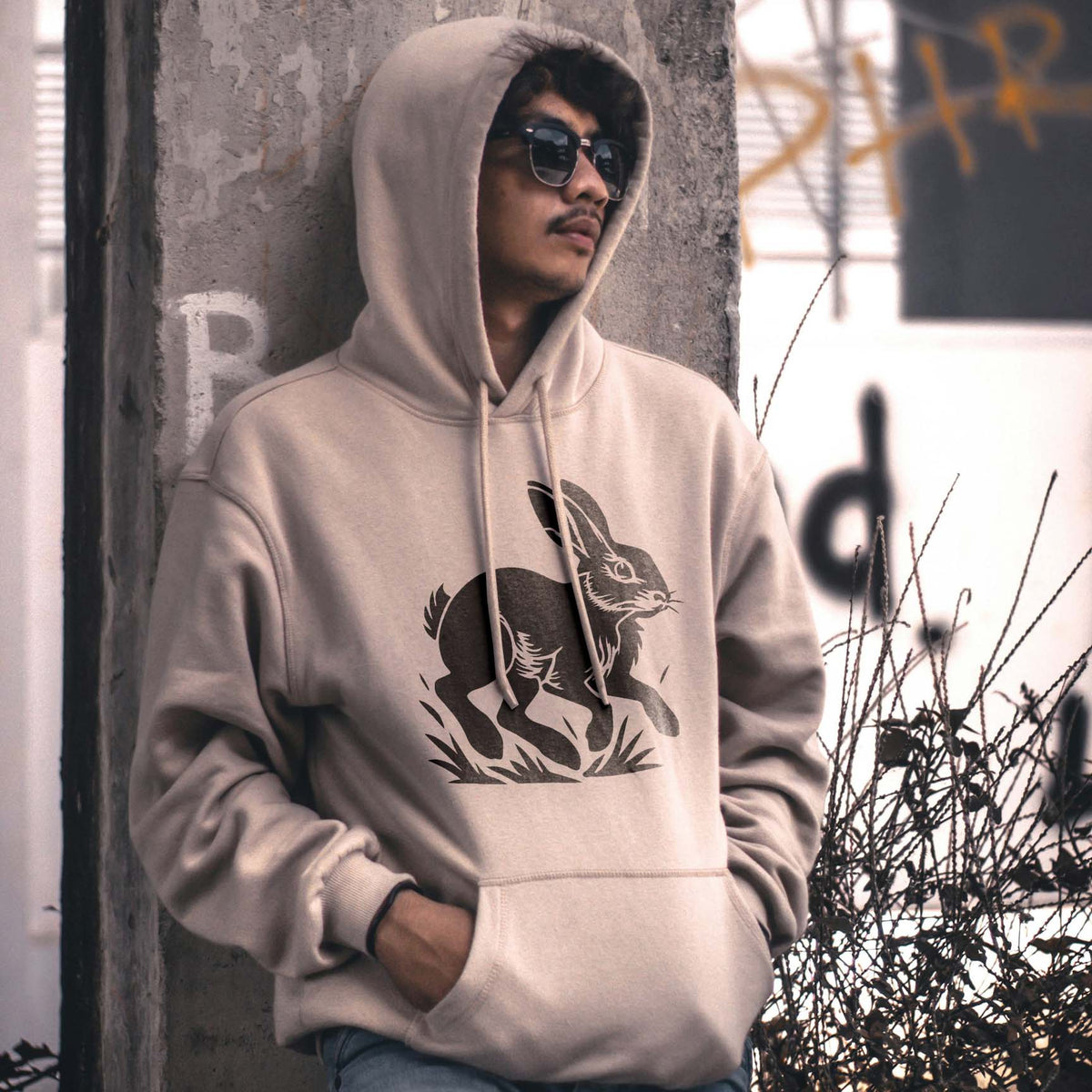 Leaping Rabbit Stencil adds a bold woodland hare graphic to a neutral hoodie