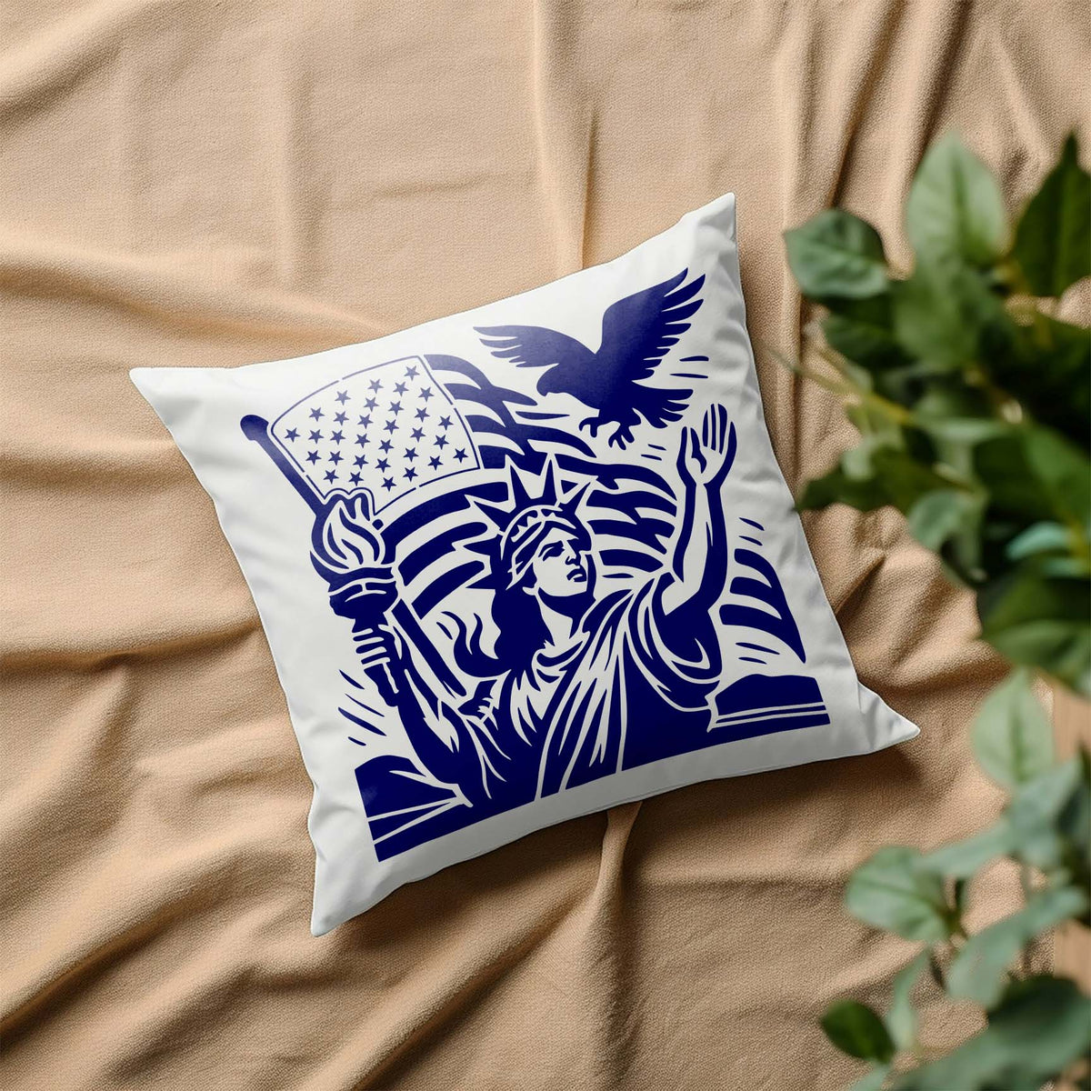 A white pillow features the Liberty & Freedom Patriotic Stencil with Lady Liberty, eagle, and waving flag.