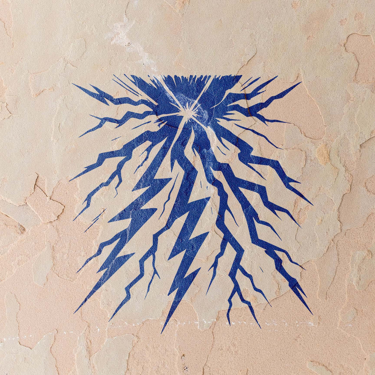 Vivid blue Lightning Strike Burst Stencil spreads jagged bolts across a cracked stucco wall