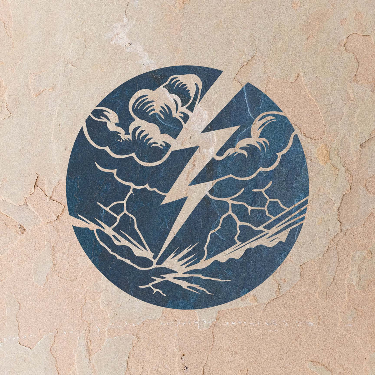 Deep blue Lightning Strike Storm Stencil shows a powerful bolt striking beneath heavy clouds