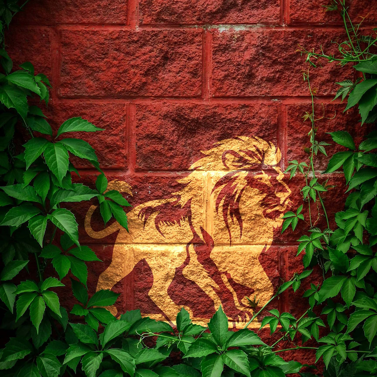 Regal Walking Lion Stencil painted in gold against a red brick wall framed by green vines.
