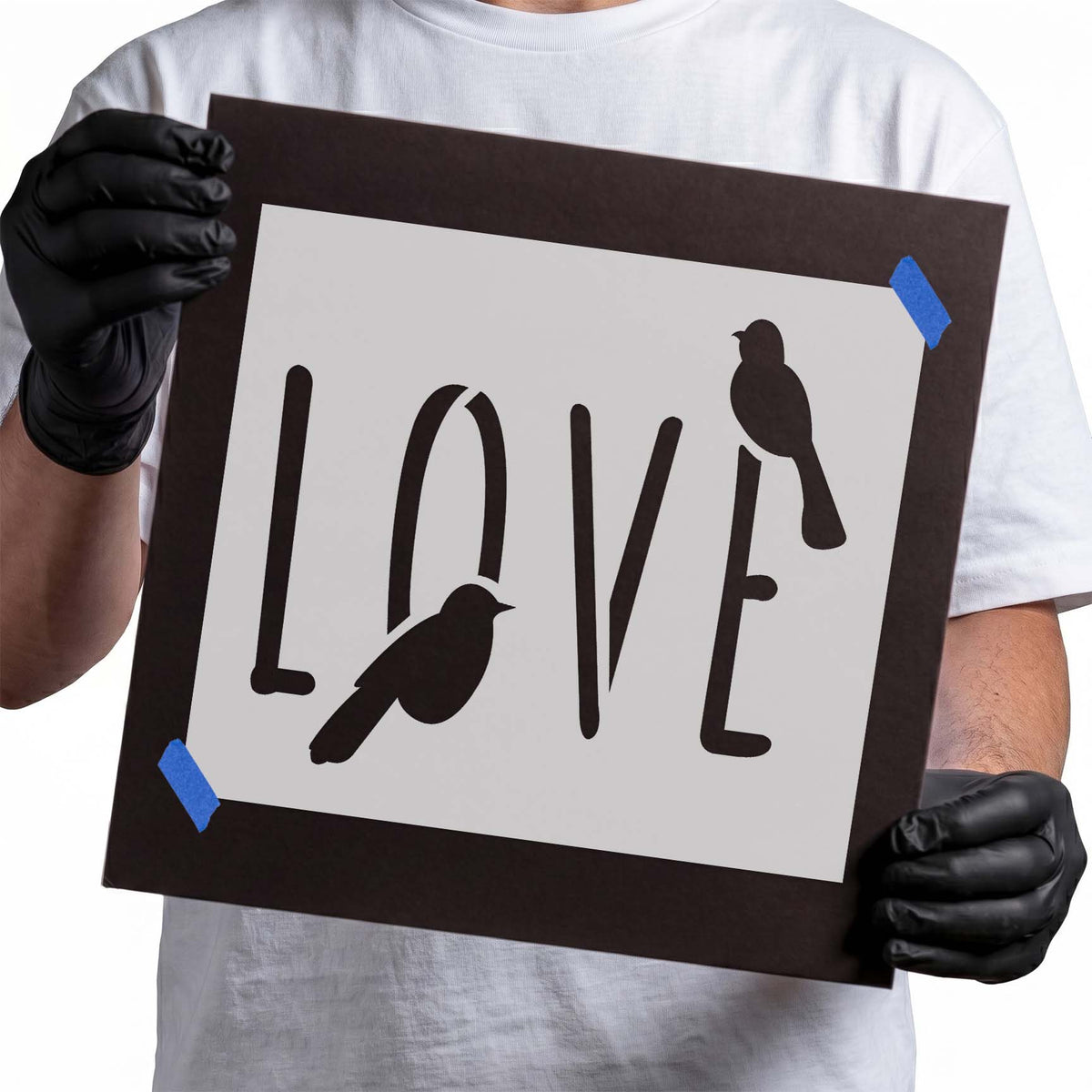 Love Birds stencil with tall LOVE lettering and two perched bird silhouettes