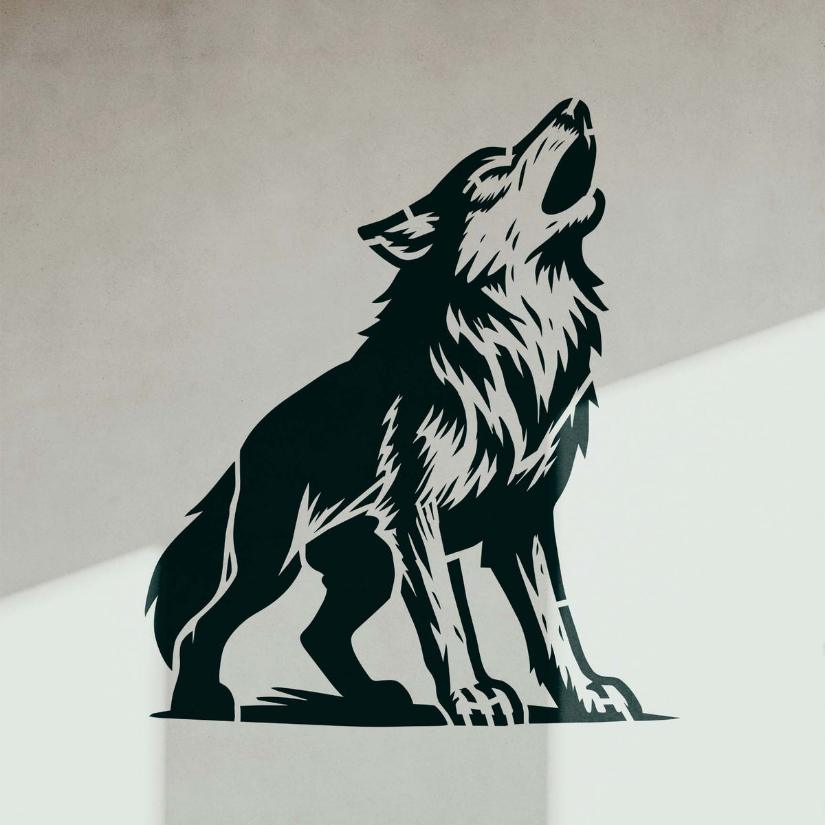 A dramatic wolf silhouette from the Majestic Howling Wolf Stencil stands tall on a white wall under soft shadows.