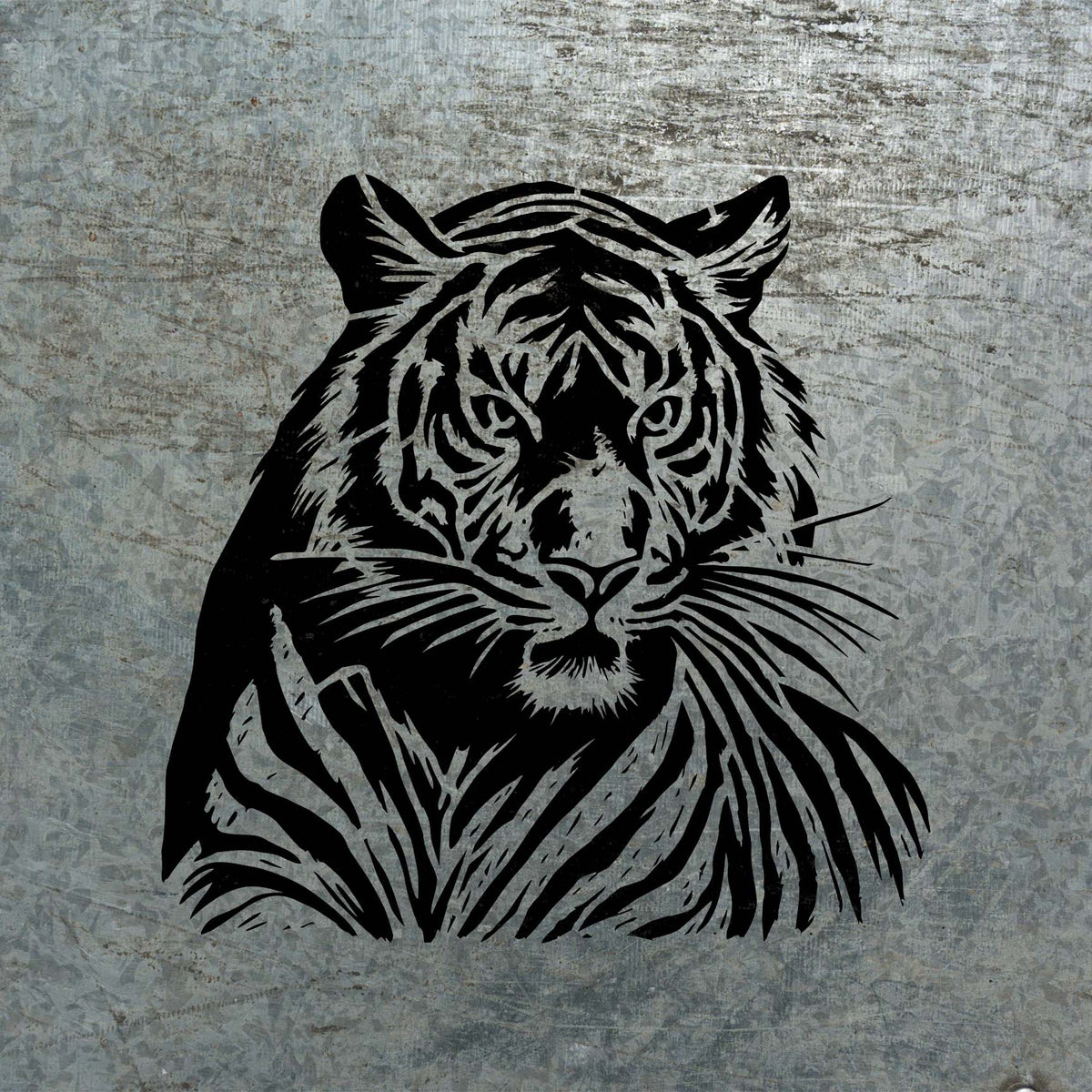 Striking feline details define the Majestic Tiger Portrait Stencil on weathered metal