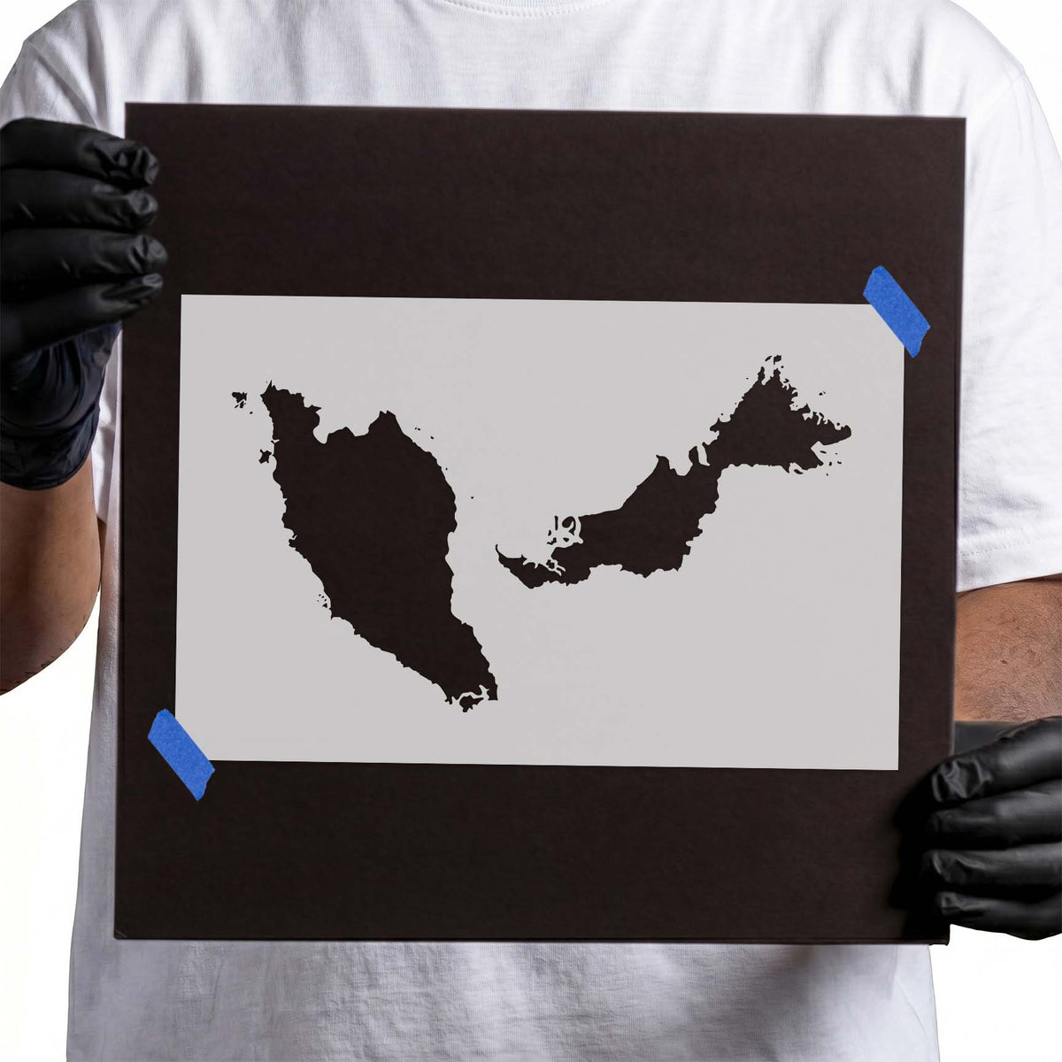 Malaysia stencil showing the Malay Peninsula, Malaysian Borneo, and surrounding island silhouettes