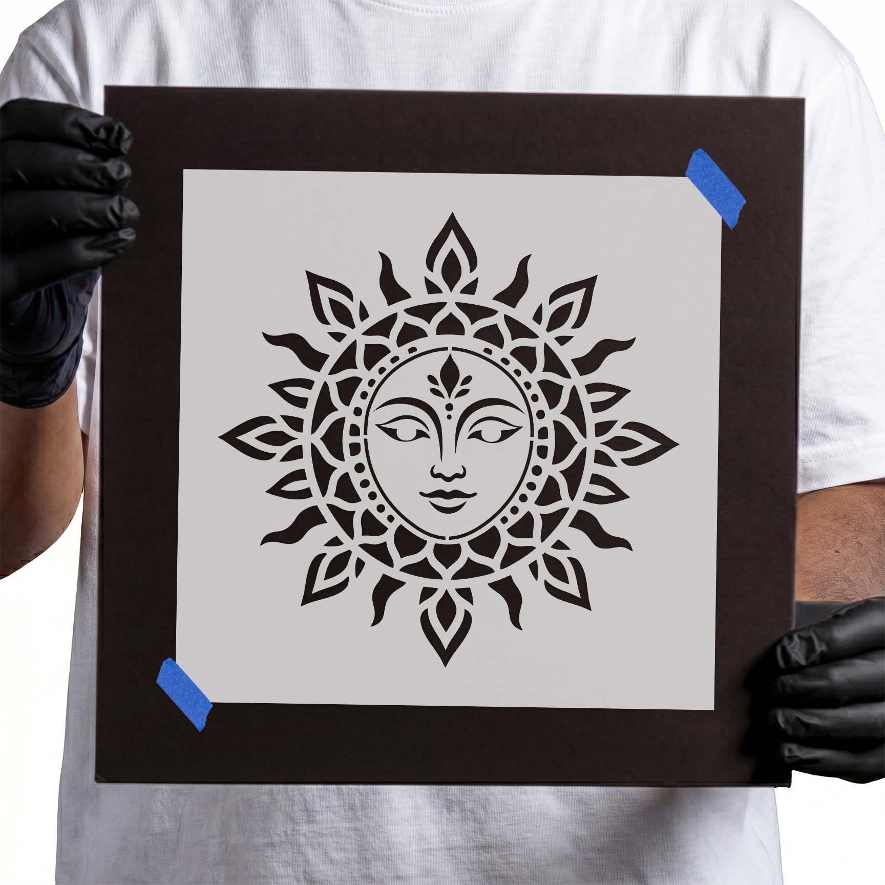 Mandala Sun Face Stencil featuring a detailed sun with a peaceful face and decorative mandala rays