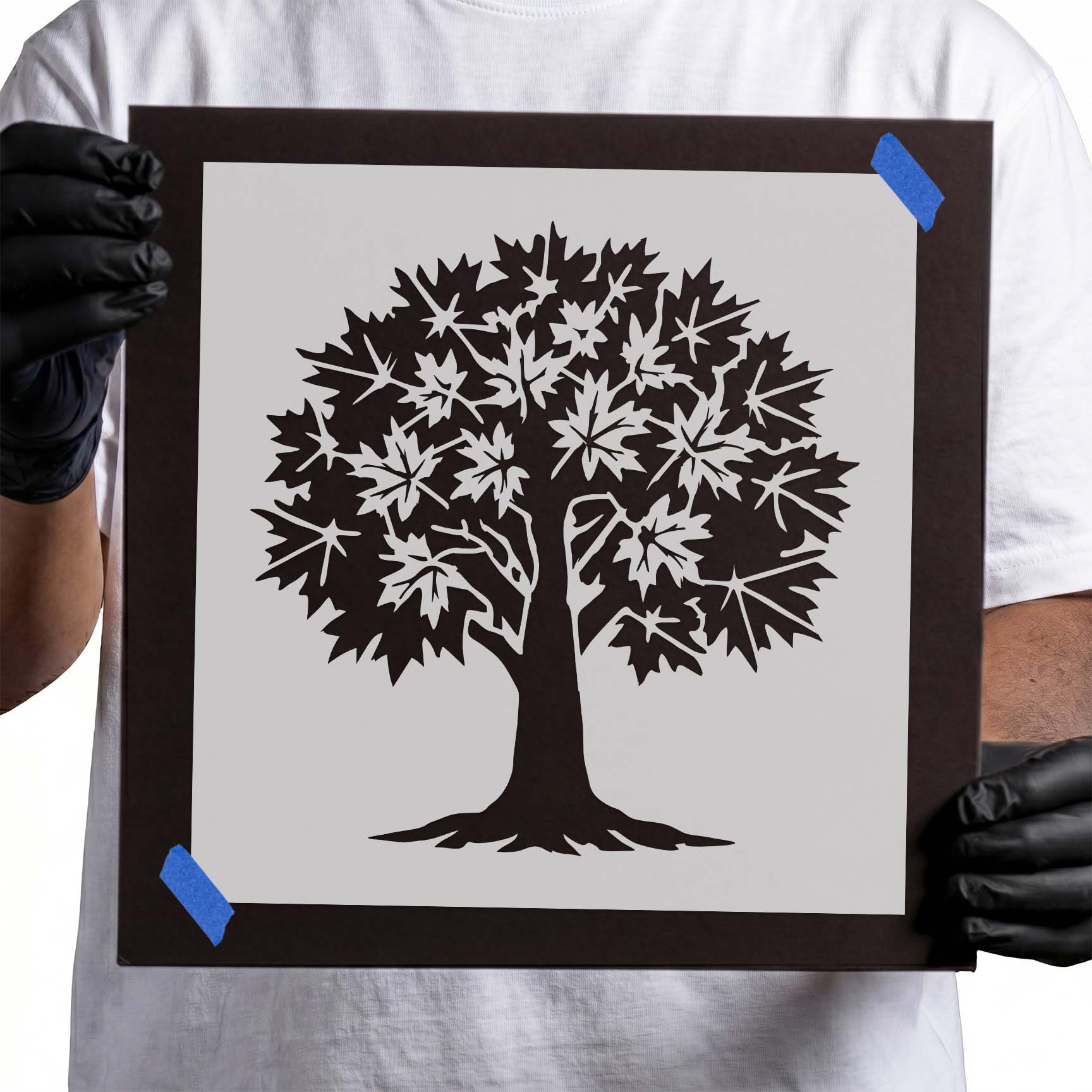 Maple tree stencil with broad leafy canopy and branching trunk

