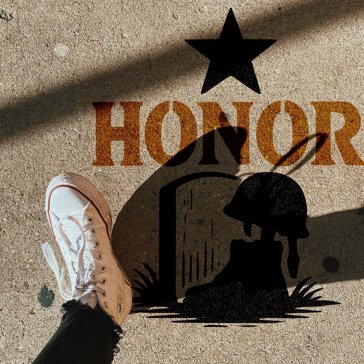 Military Honor Memorial Stencil showing a helmeted soldier tribute beside a memorial marker.