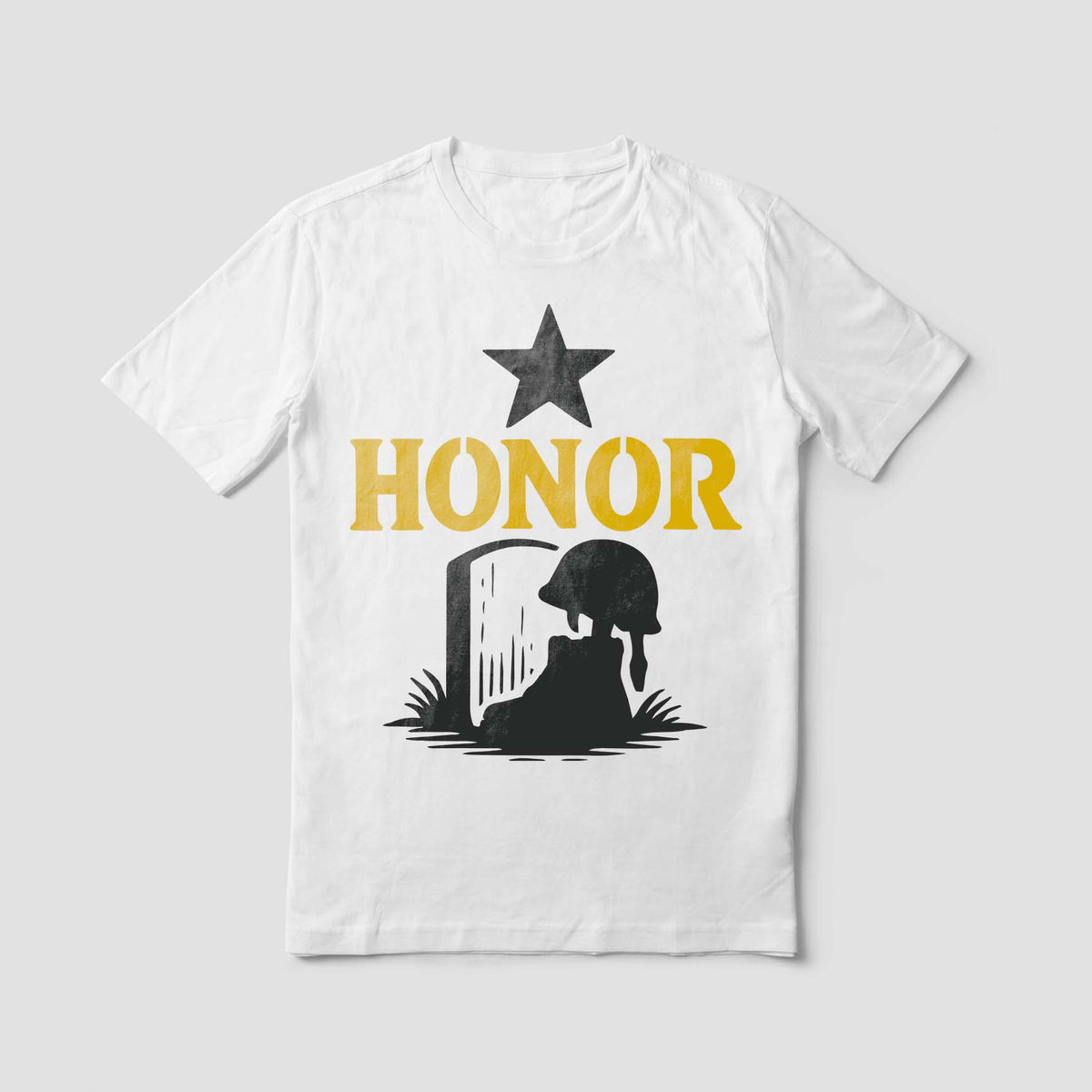 Military Honor Memorial Stencil with star and fallen soldier tribute printed on a white shirt.