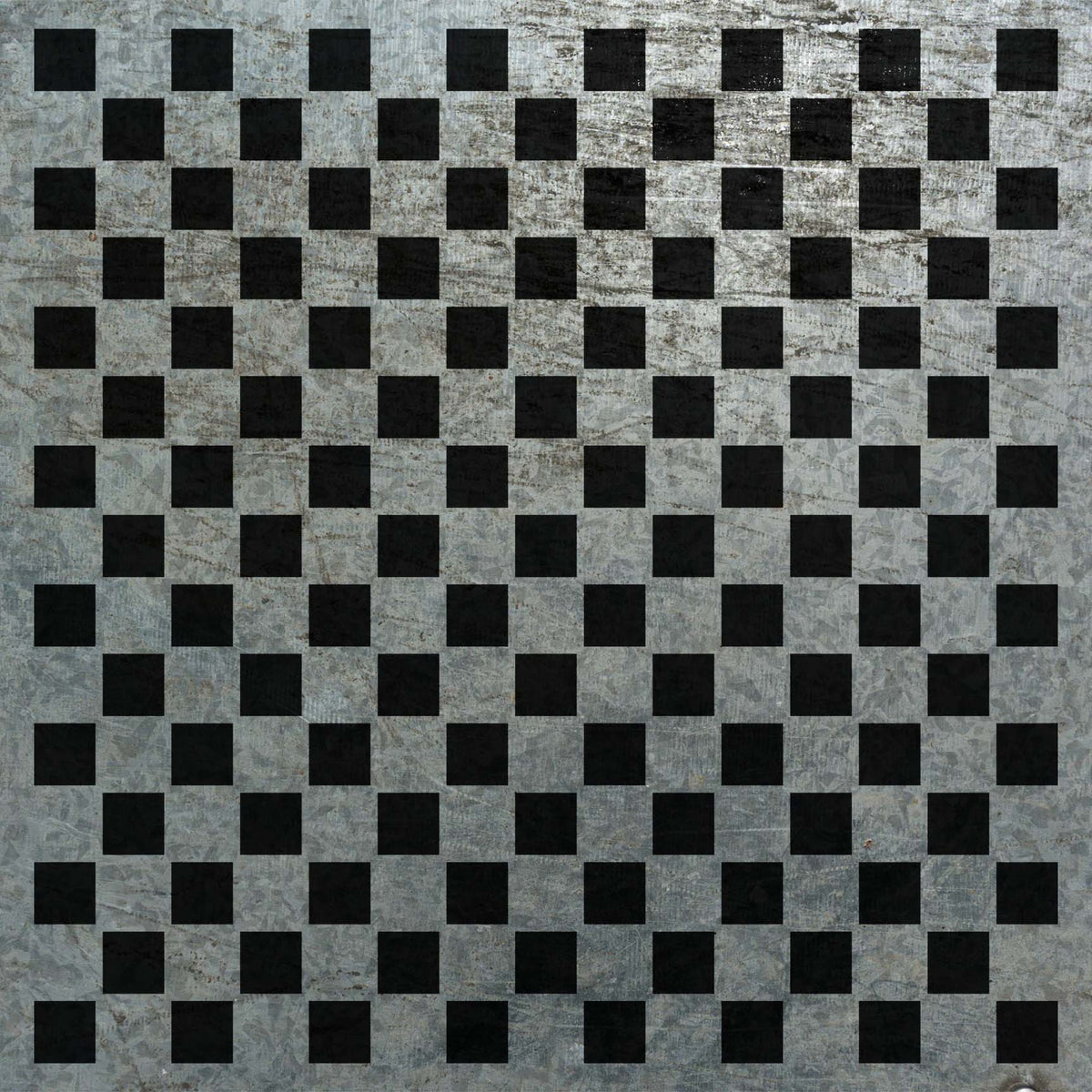 Across weathered metal, the Mini Checkerboard Pattern Stencil forms a crisp black geometric design.