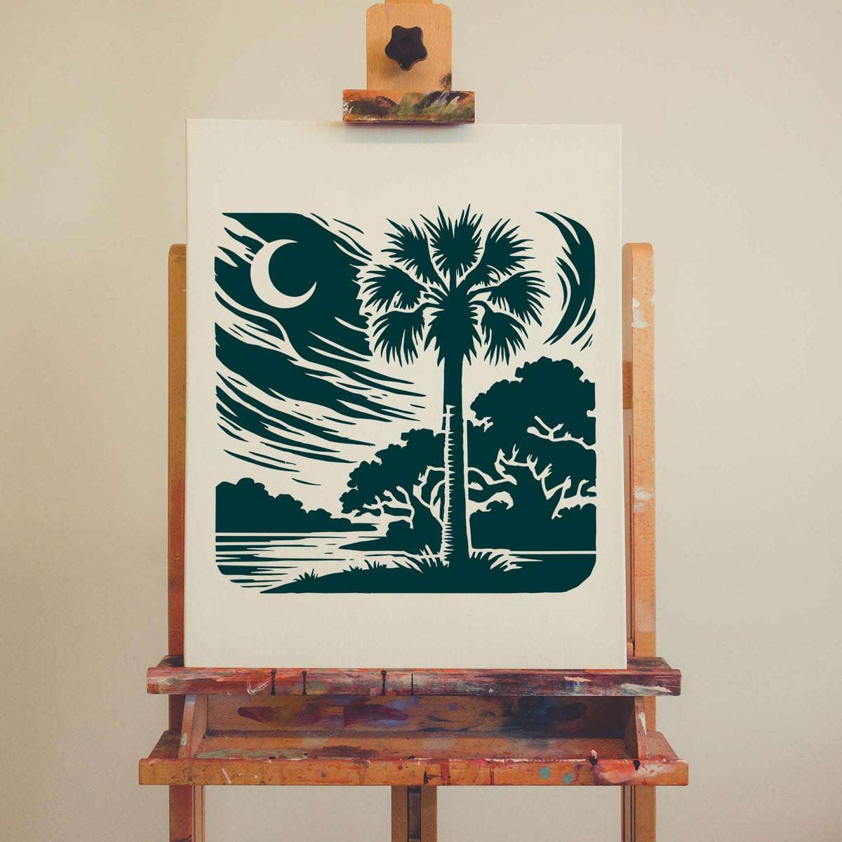 Moonlit Palmetto Grove Stencil on canvas with crescent moon, palm tree and waterside landscape