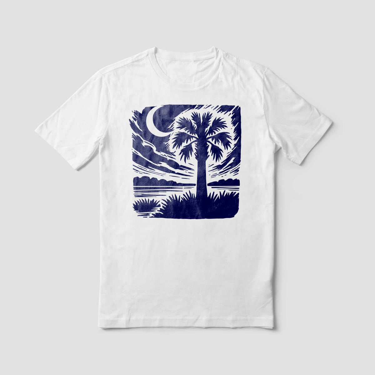 Navy Moonlit Palmetto Landscape Stencil decorates a white shirt with palm and waterside scene
