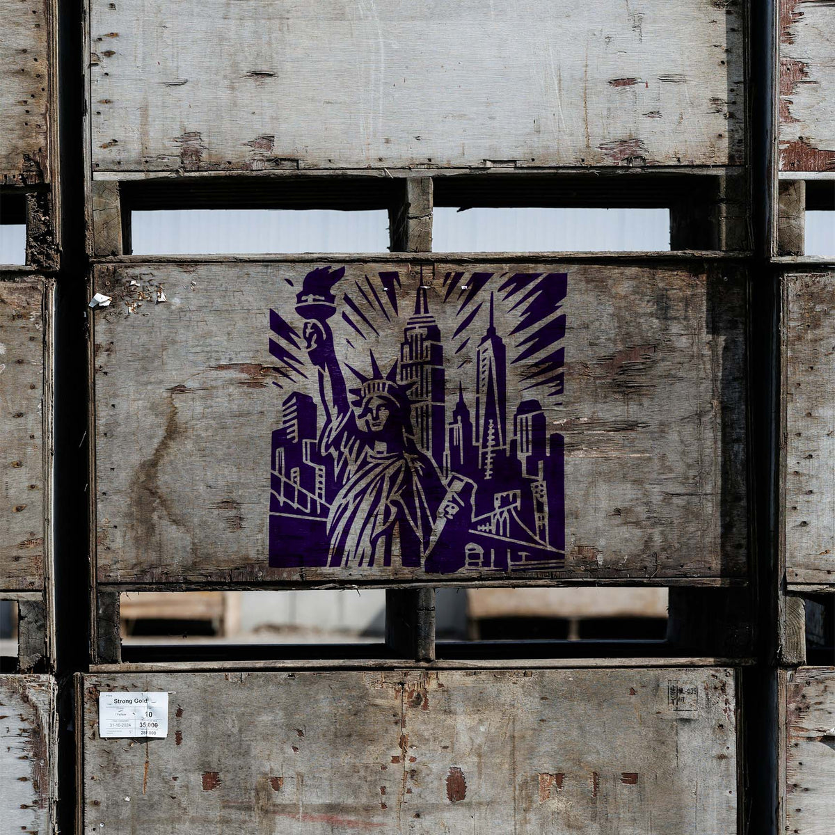 Purple New York Skyline Landmark Stencil decorates rustic wood with Lady Liberty and Manhattan towers.