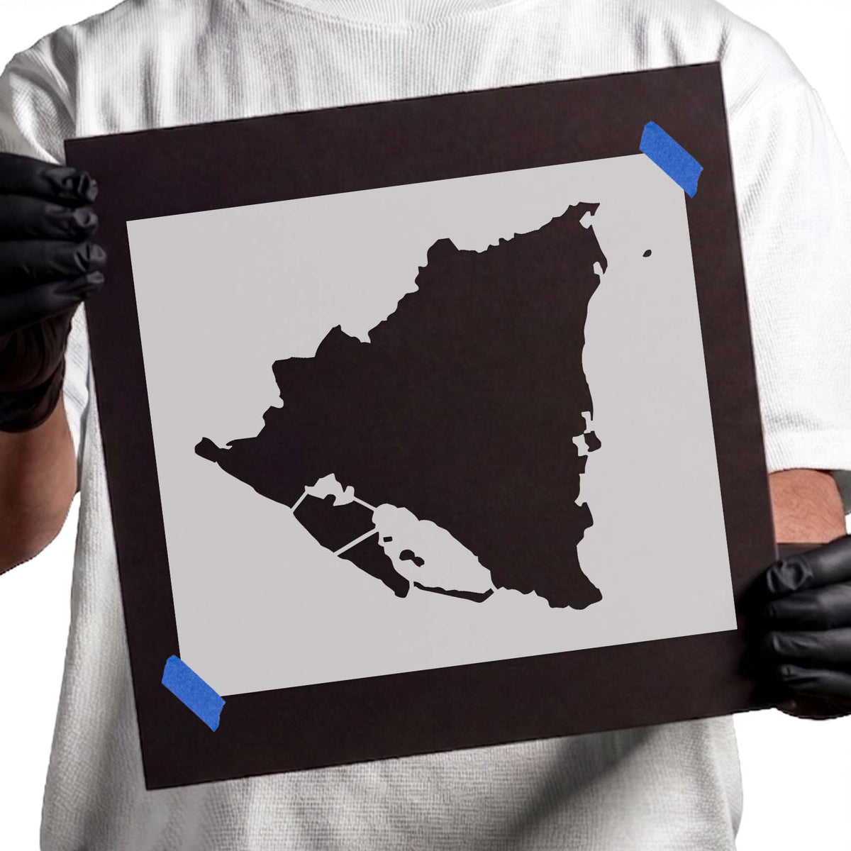 Nicaragua stencil featuring a solid country silhouette with irregular coastlines and lake cutouts