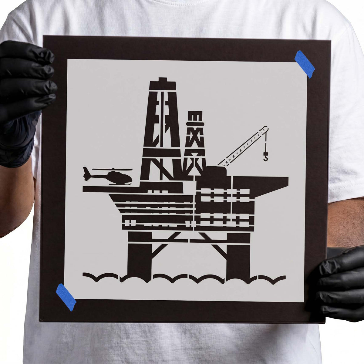 Oil rig stencil with offshore platform, crane, helicopter, and ocean waves