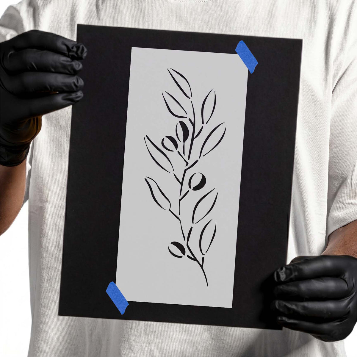 Olive branch stencil with slender leaves and small olive fruits