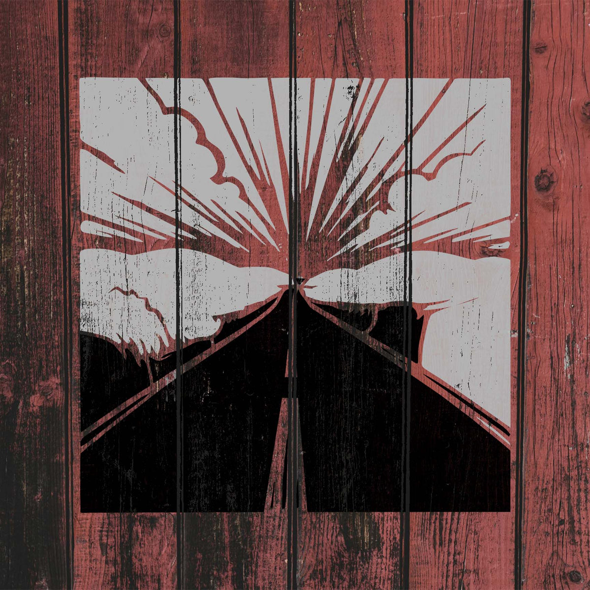 Rustic wood features Open Road Sunrise Landscape Stencil with bold road, hills, and sunburst rays