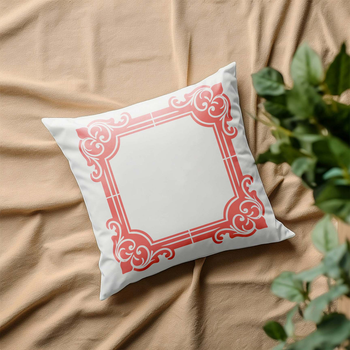 Pink Ornate Corner Border Frame Stencil forms a graceful decorative outline on a white pillow