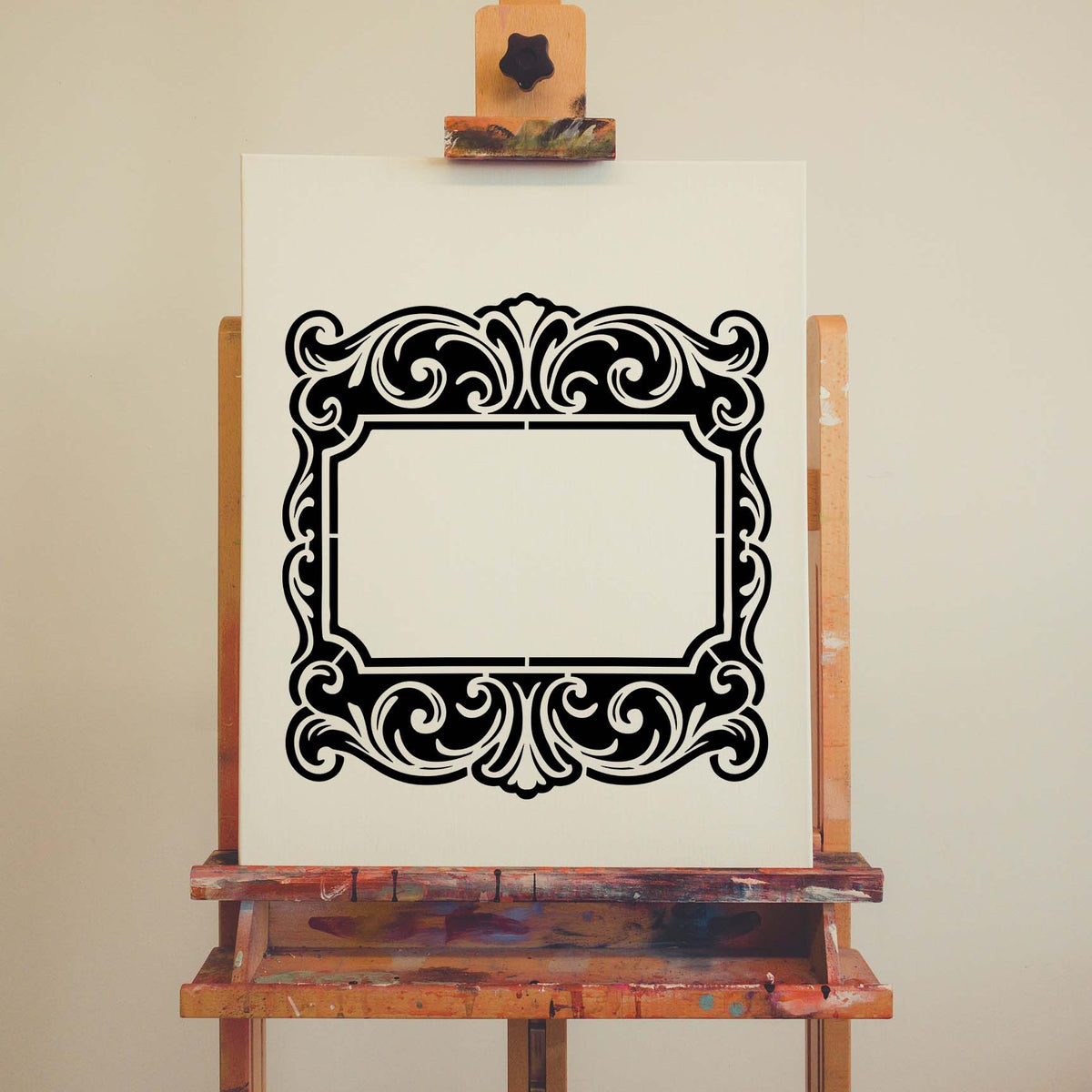 Ornate Family Name Plaque Stencil displays bold scrollwork framing a blank center on canvas