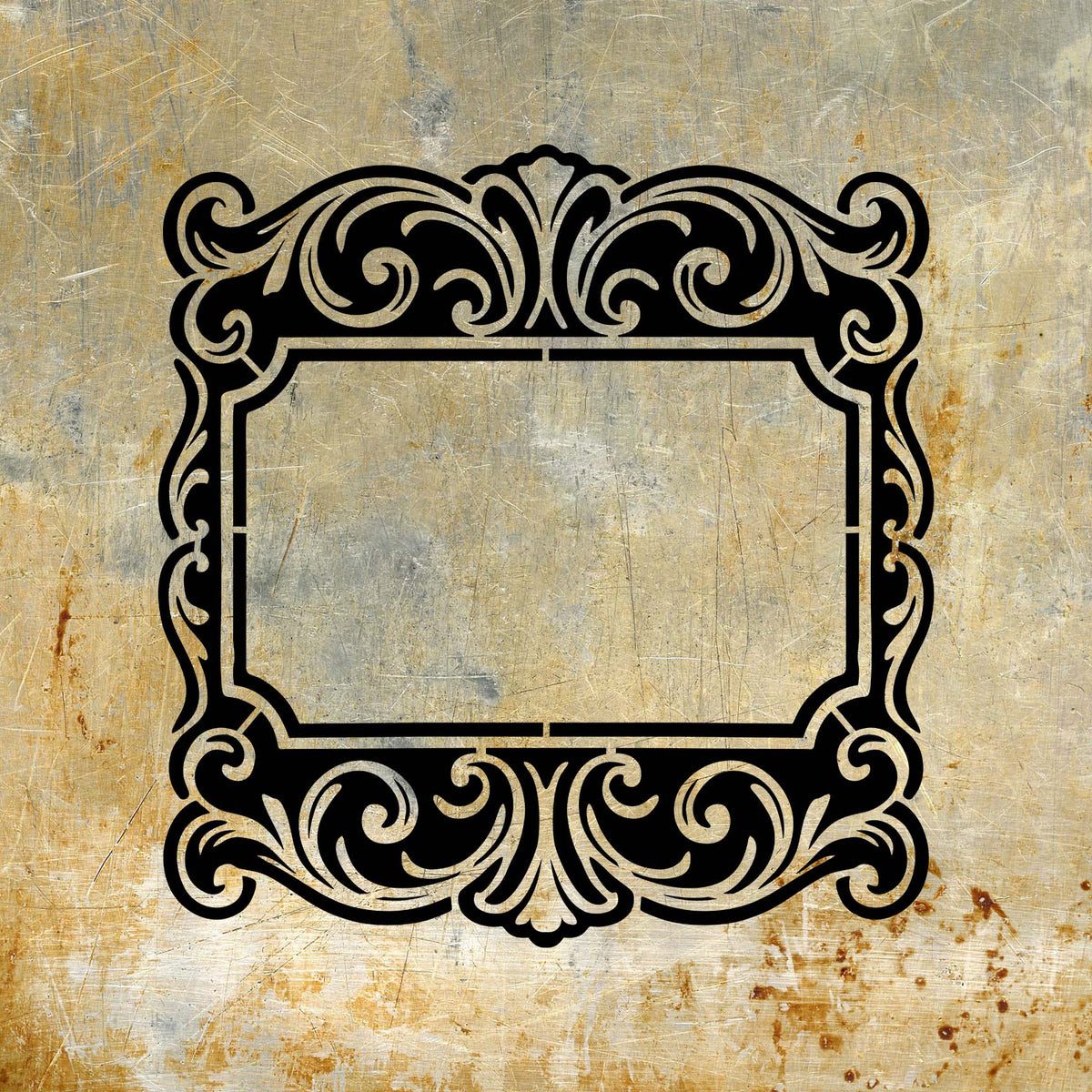 Black Ornate Family Name Plaque Stencil forms an elaborate decorative frame on distressed metal