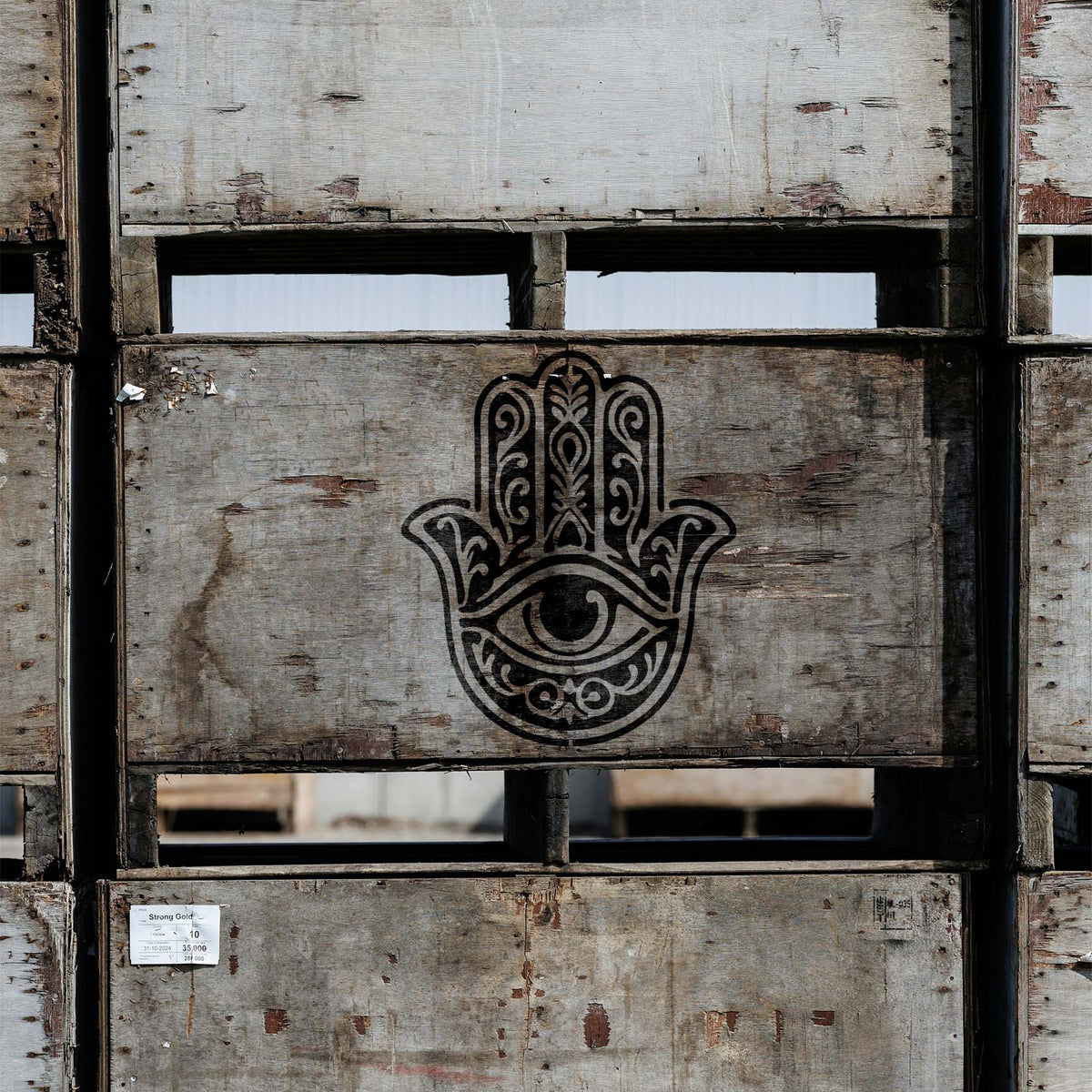 Ornate Hamsa Hand with Protective Eye Stencil appears in black across weathered wooden crates