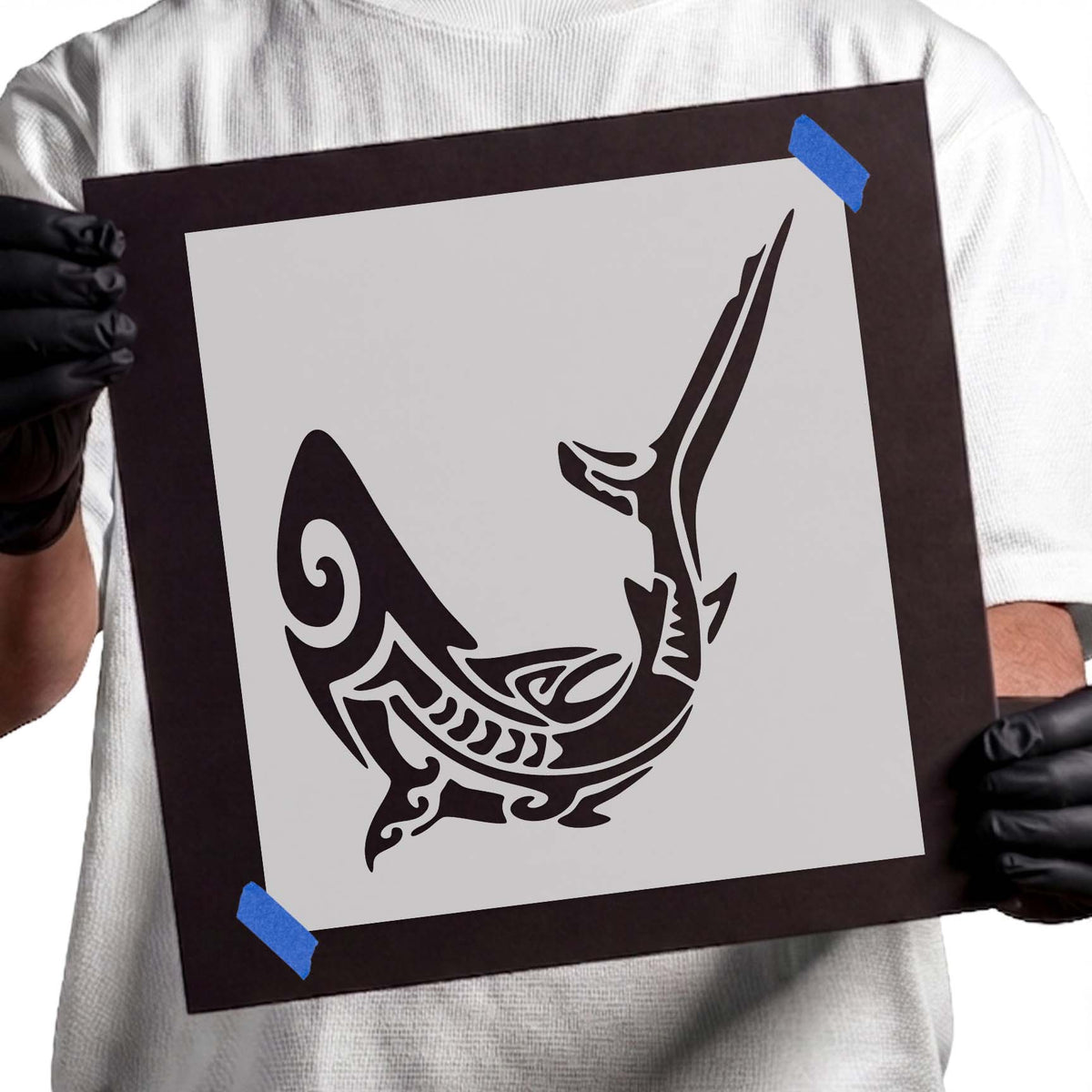 Pacific Island Shark Design Stencil with sweeping curves and intricate markings