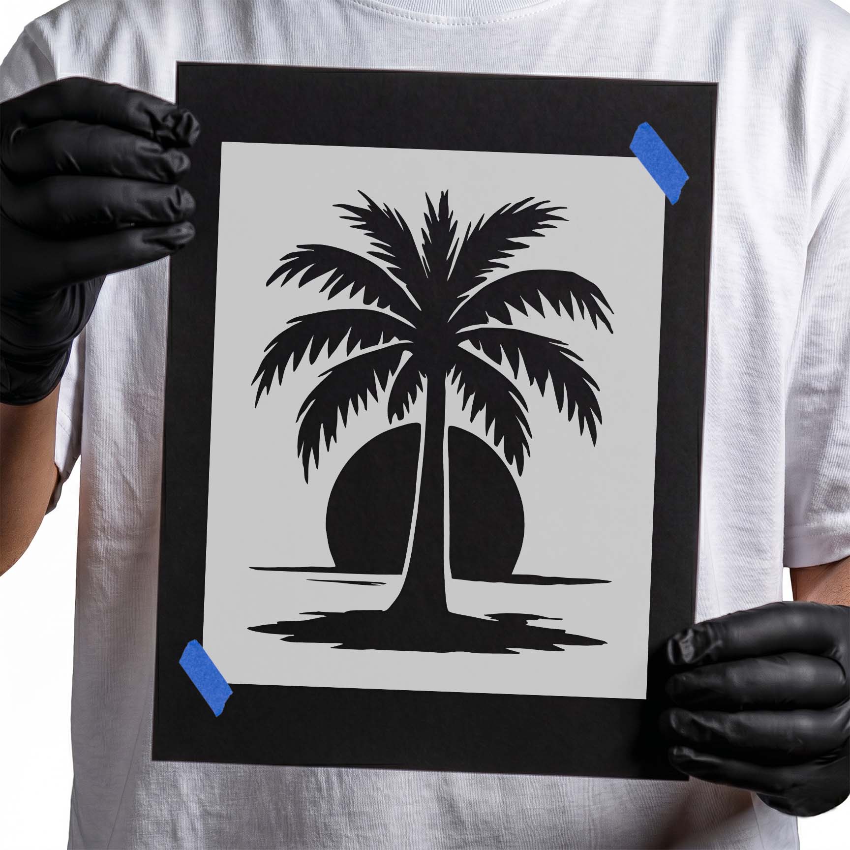 Tropical palm tree at sunset stencil featuring a detailed palm silhouette standing in front of a bold setting sun