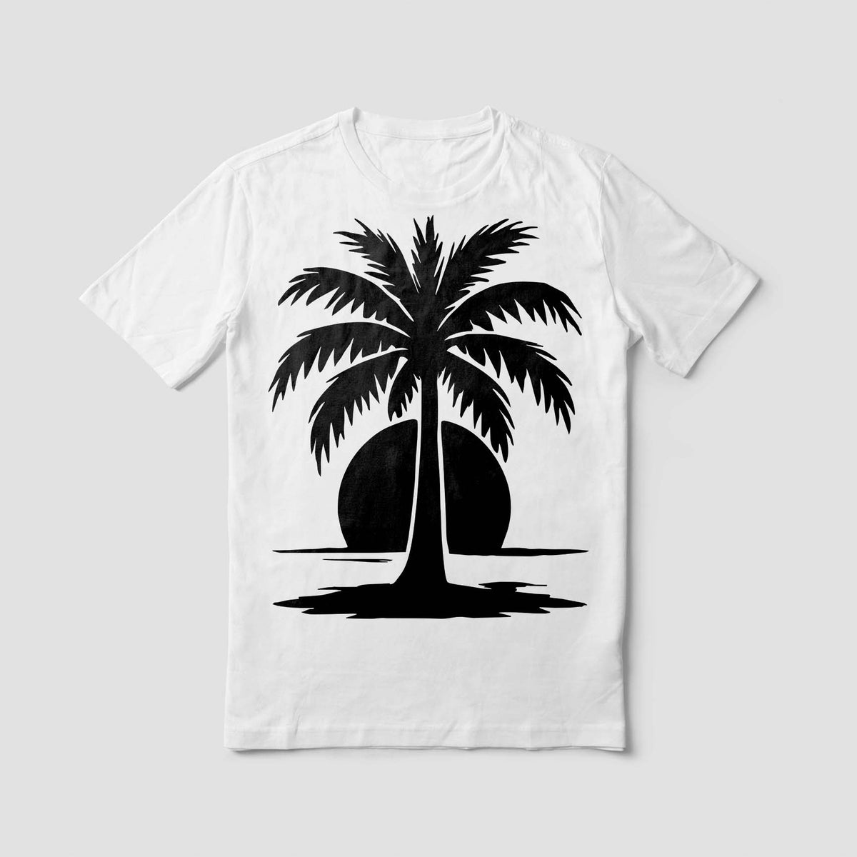 Palm Tree at Sunset Stencil printed in black on a crisp white T-shirt