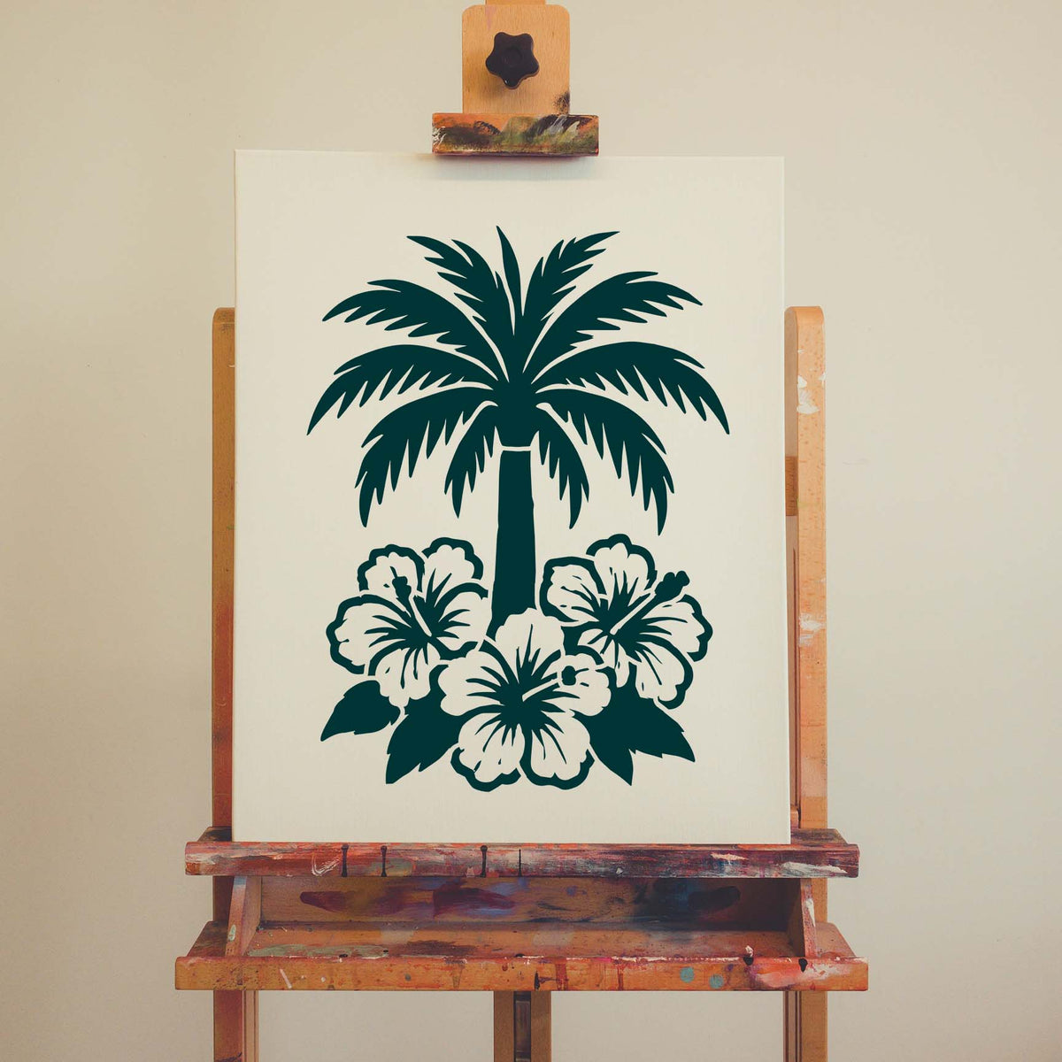 Palm Tree and Hibiscus Flowers Stencil displayed in dark green on a canvas