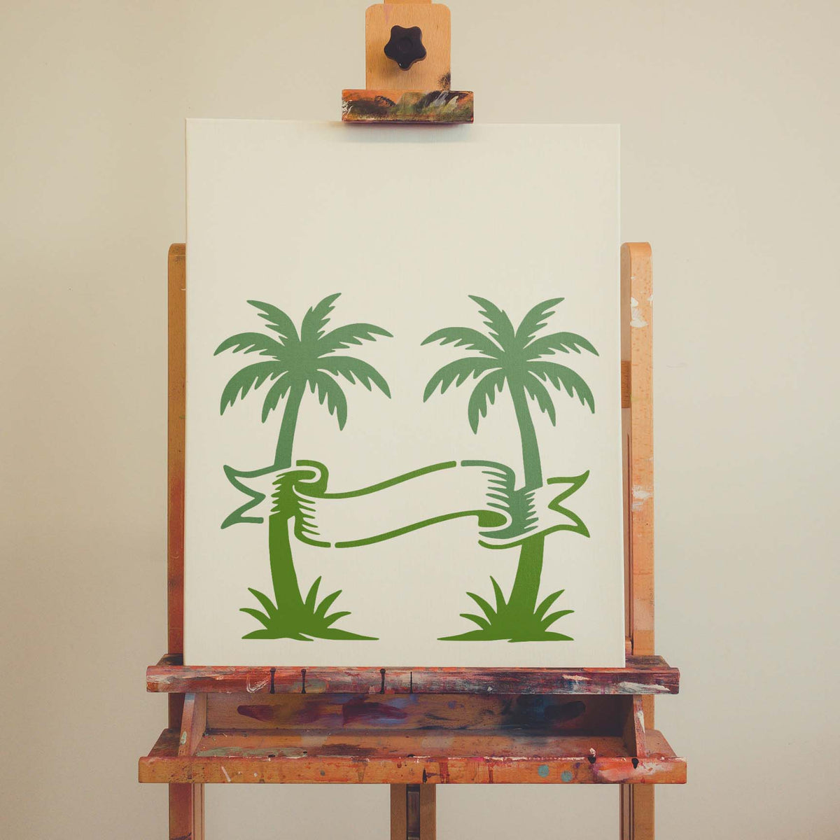 Palm Trees with Blank Banner stencil framed on an artist canvas