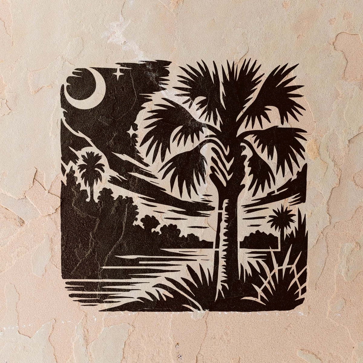 Moonlit palms and water from the Palmetto Tree Moonlit Landscape Stencil painted on a textured wall