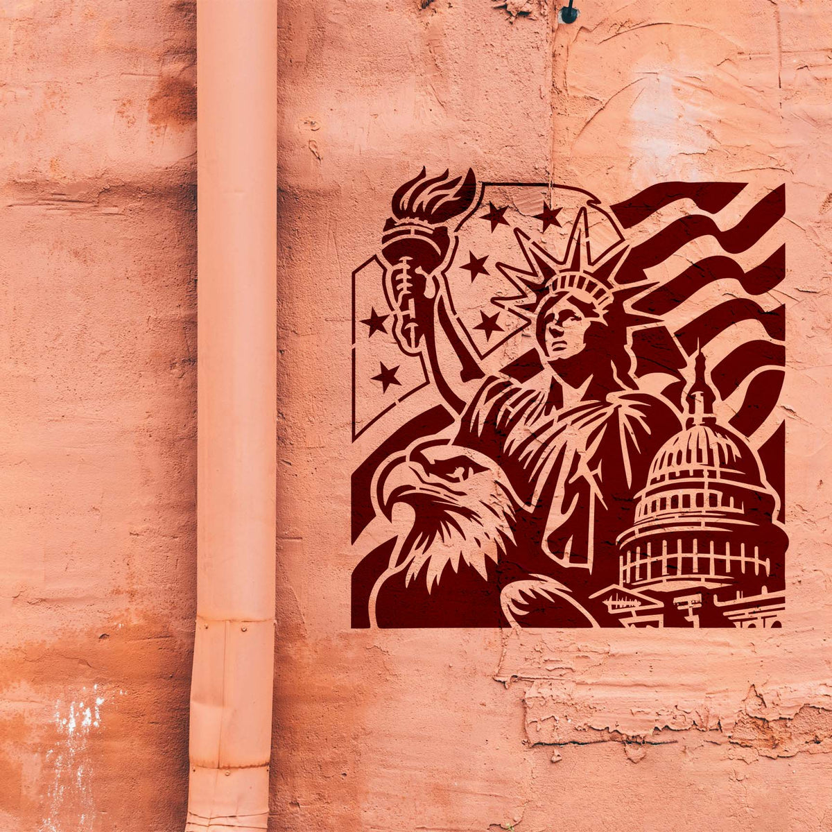 Patriotic American Landmarks Stencil unites Lady Liberty, a bald eagle, Capitol dome, and flag on a wall.