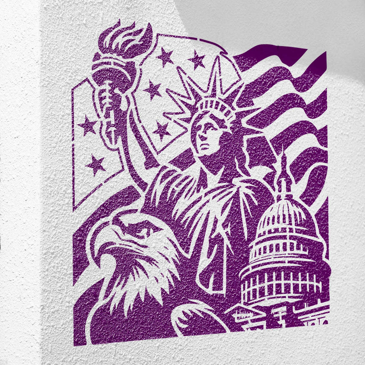 Purple Patriotic American Landmarks Stencil fills a white wall with iconic U.S. symbols and monuments.