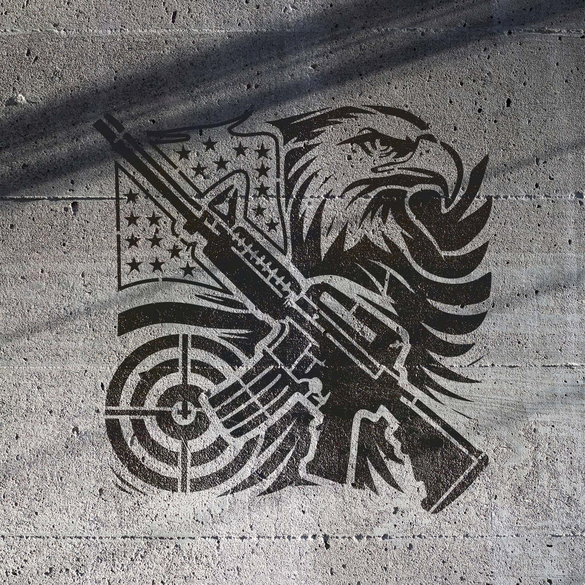 Bold Patriotic Eagle and Rifle Stencil painted black on textured concrete with flag and target details