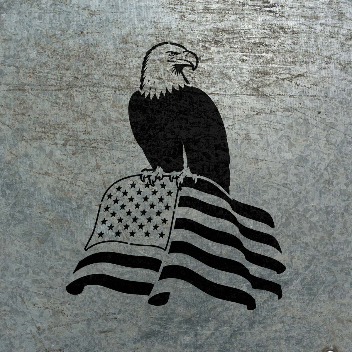 On weathered metal, the Patriotic Eagle on American Flag Stencil captures an eagle atop flowing stars and stripes.